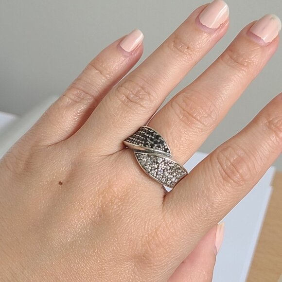 Vintage Boho 2 Tone Clear Black Spinel Crystal Colourblock Sterling Silver Ring - Picture 5 of 12